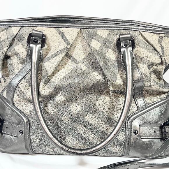 Burberry Pilgrim Tote Shoulder Bag Metallic Grey Beige Canvas Check Shopping - Picture 8 of 16